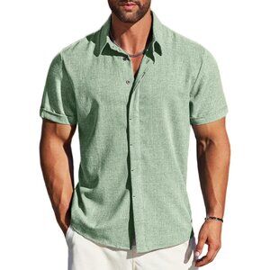 Men's Green Linen Short Sleeve Button Down Casual Shirt Business Dress